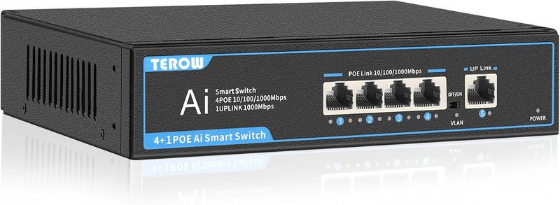 TEROW PoE Switch Gigabit 4 Ports with 1-Port 1000Mbps Uplink, , 65W,Built-in Power ,Upgrade 802.3af/at Compliant | Vlan, Metal fanless Design,Plug & Play | Desktop or Wall Mount for Home,Office - Image 1